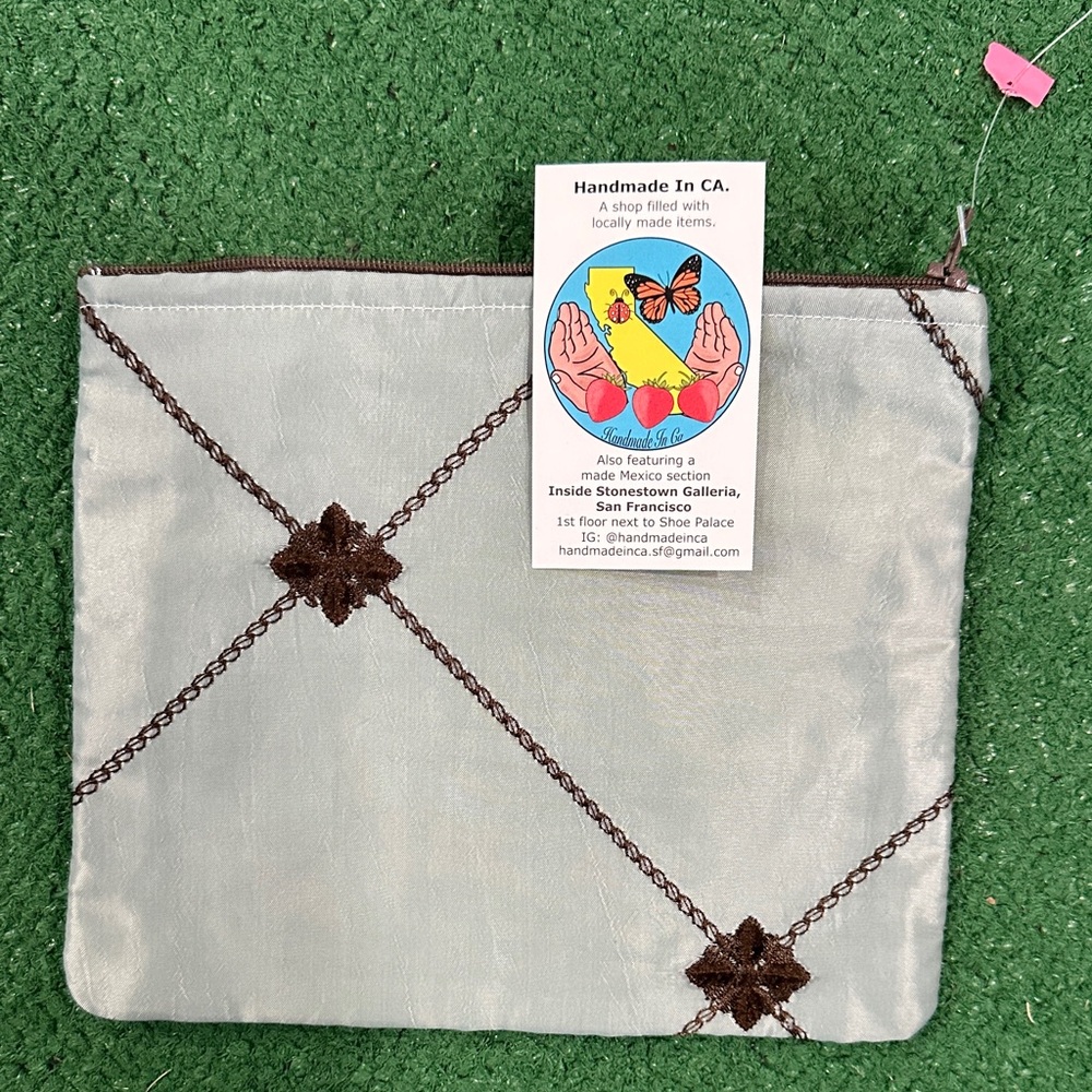 Sage Green Handmade in CA zipper Pouch with Brown Accents